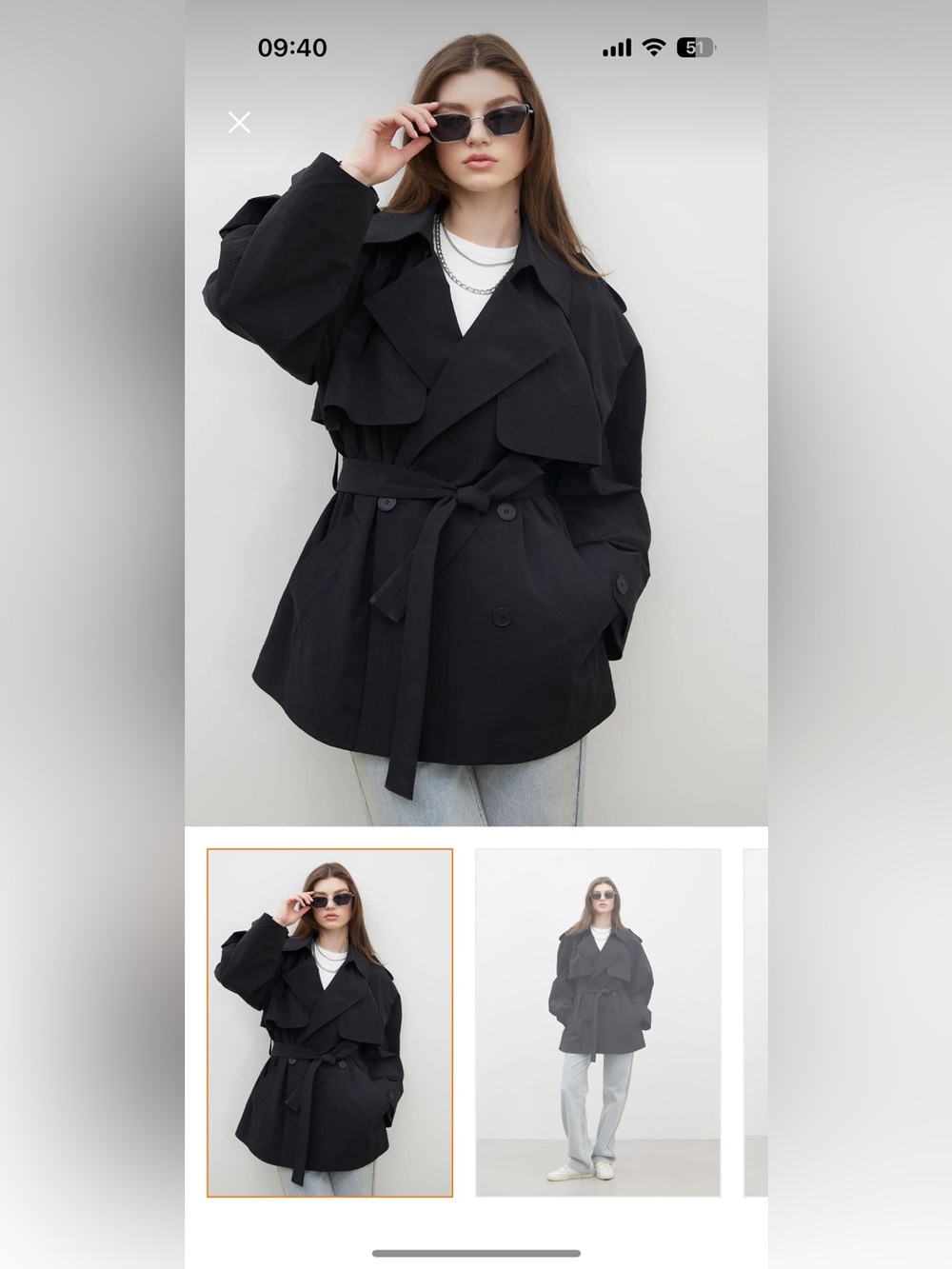 Women's Black Belted Trench Coat with Oversized Lapel